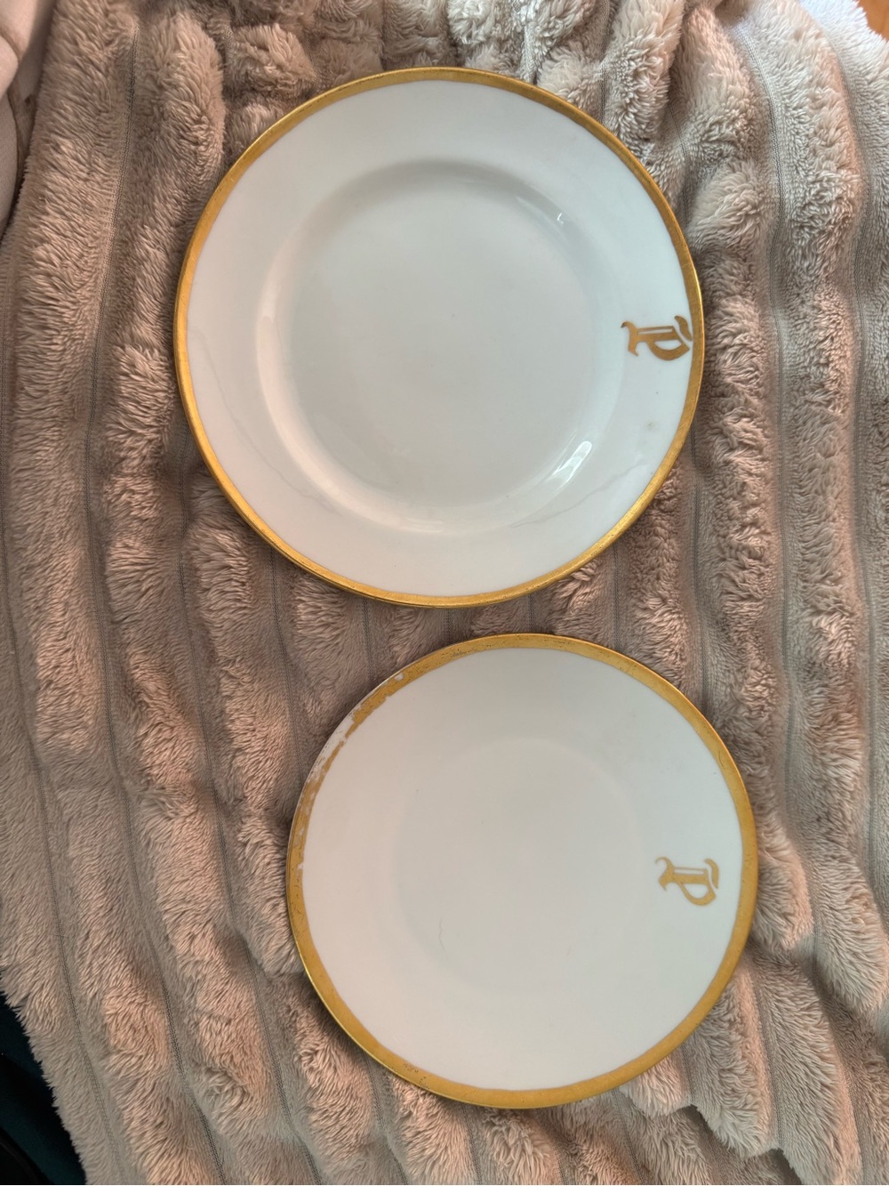 Pair Vintage Gold Rimmed Porcelain Plates Monogram Letter P Antique Cottagecore